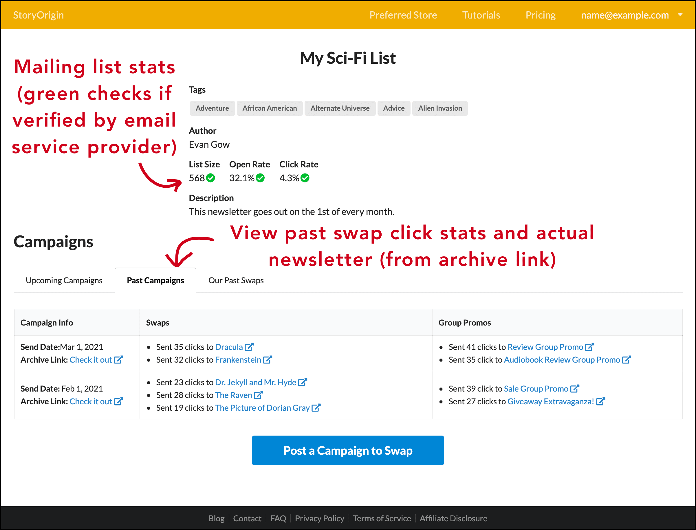 screenshot showing author's mailing list stats (click sent to past cross-promos and list size)